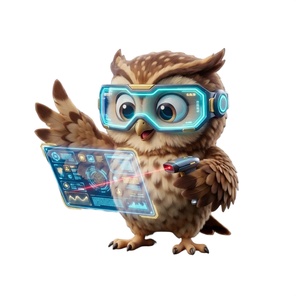 DocuVision AI Document Intelligence 3D mascot - cute baby owl wearing cyber scanning goggles analyzing holographic document