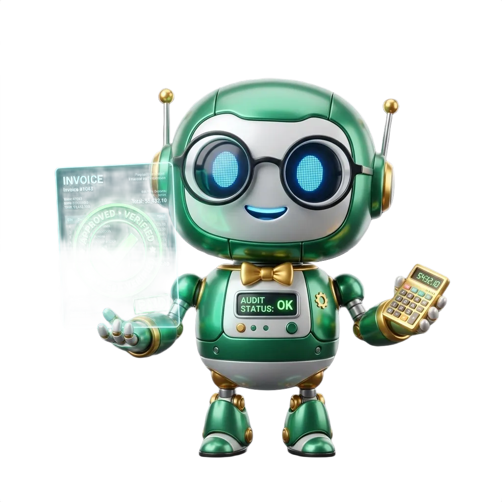 NanoPro Invoice Validator 3D mascot - financial auditor robot with smart glasses holding verified invoice and gold calculator